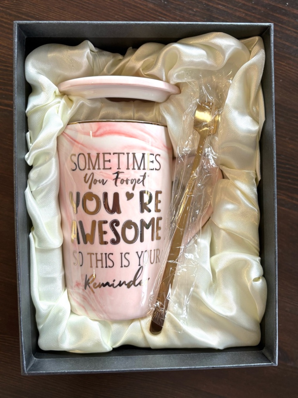 You’re Awesome Pink Ceramic Mug with Lid and Spoon in Gift Box